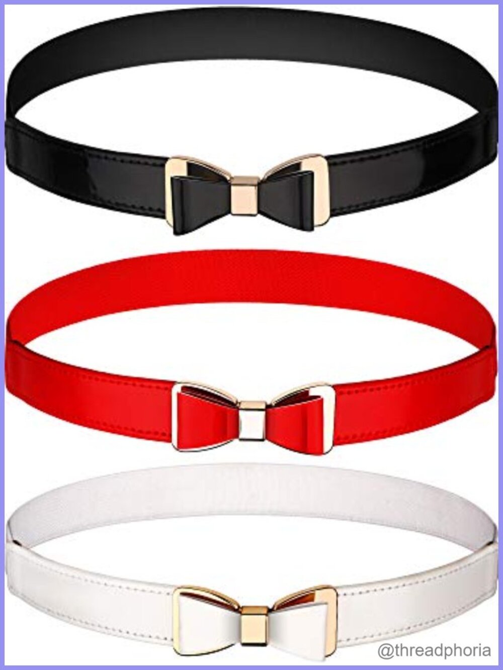 Set of 3 Skinny Stretch Waist Belts Faux Leather with Bow Metal Buckle